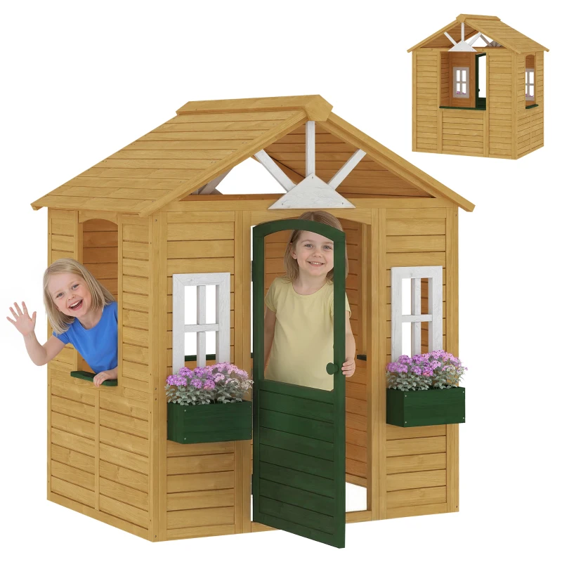 AIYAPLAY Cabane enfant extérieur en bois, maison enfant extérieure avec porte, fenêtres, 2 bacs à fleurs, 134,5x97x150cm, marron