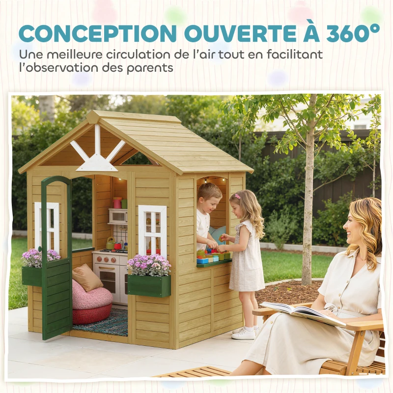 AIYAPLAY Cabane enfant extérieur en bois, maison enfant extérieure avec porte, fenêtres, 2 bacs à fleurs, 134,5x97x150cm, marron