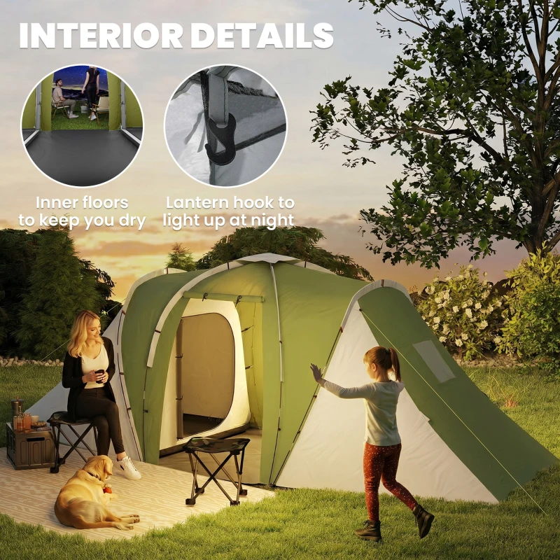 Outsunny Large Camping Tent Tunnel Tent with 2 Bedroom and Living Area, 2000mm Waterproof, Portable with Bag for 4-6 Man, Green