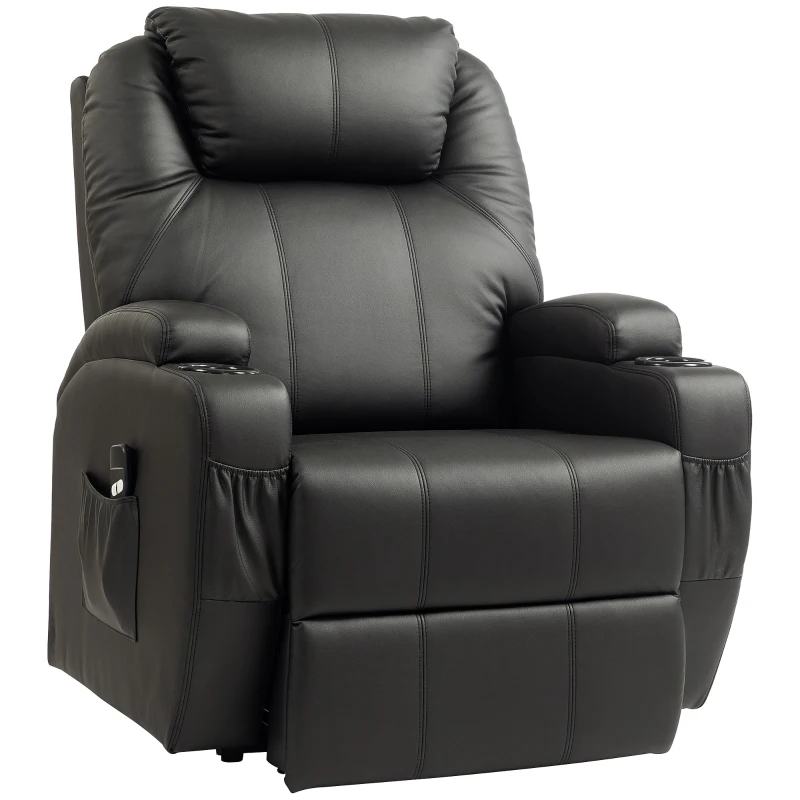 HOMCOM Poltrona de TV com ajuda elétrica para levantar, poltrona relax com função de deitar, controle remoto, porta-copos, bolso lateral, apoio para os pés, couro sintético, preto