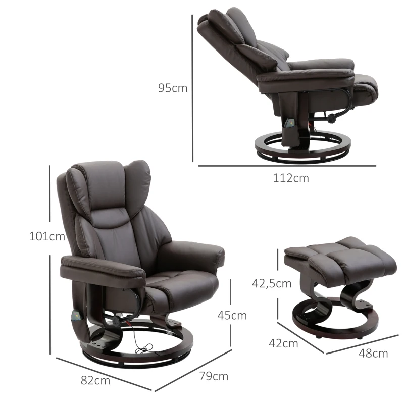 HOMCOM Poltrona Relax com Puff, Poltrona de TV giratória 360° com Massagem, Reclinável, Poltrona de Massagem com Bolso Lateral, Estofado em Pele Sintética para Sala de Estar Marrom