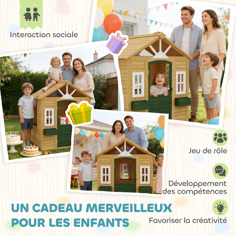 AIYAPLAY Cabane enfant extérieur en bois, maison enfant extérieure avec porte, fenêtres, 2 bacs à fleurs, 134,5x97x150cm, marron