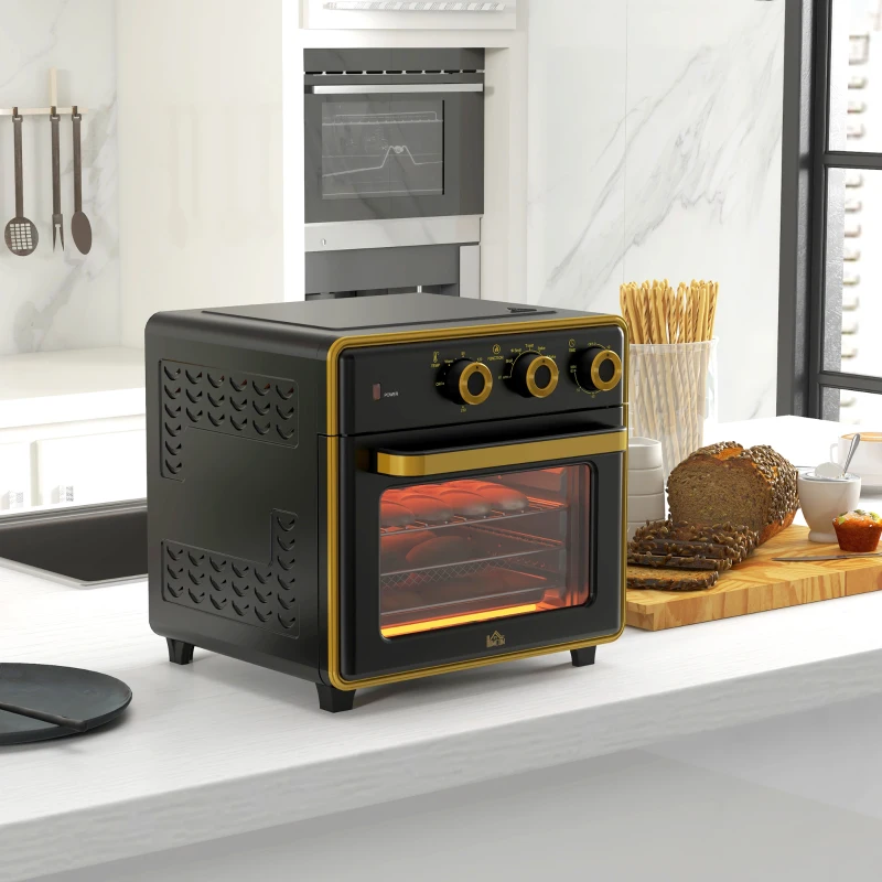 HOMCOM Miniforno, 20 L, fritura sem óleo, grelhar, assar, circulação de ar, 90-230° C, temporizador, 1400 W, preto+ouro