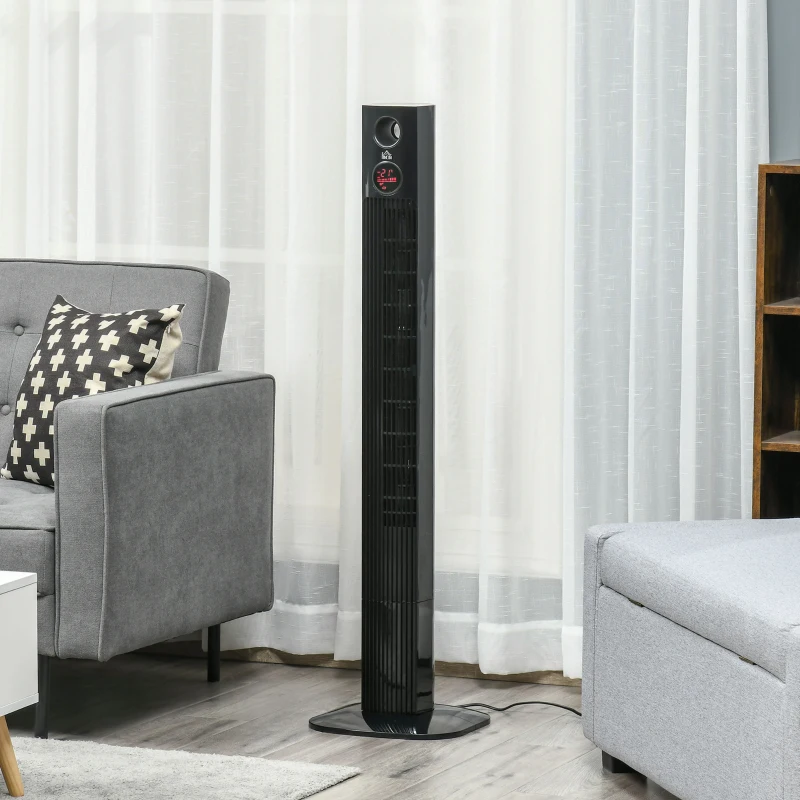 HOMCOM Ventilador de Torre com Controlo Remoto 45 W 70° Oscilação Ventilador de Coluna com Difusor de Aroma Função Temporizador 3 Níveis de Ventilação Preto