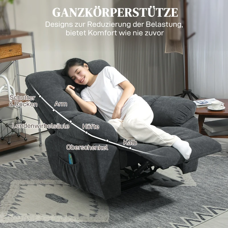 HOMCOM Poltrona reclinável, Poltrona de massagem estofada com 8 pontos de vibração, apoio de pés ajustável, bolso lateral, poltrona reclinável, Cinza