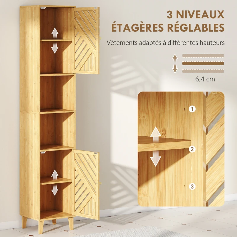 HOMCOM Armoire salle de bain, meuble de rangement colonne, portes en bambou, étagères réglables, 32x30x170cm, bois naturel