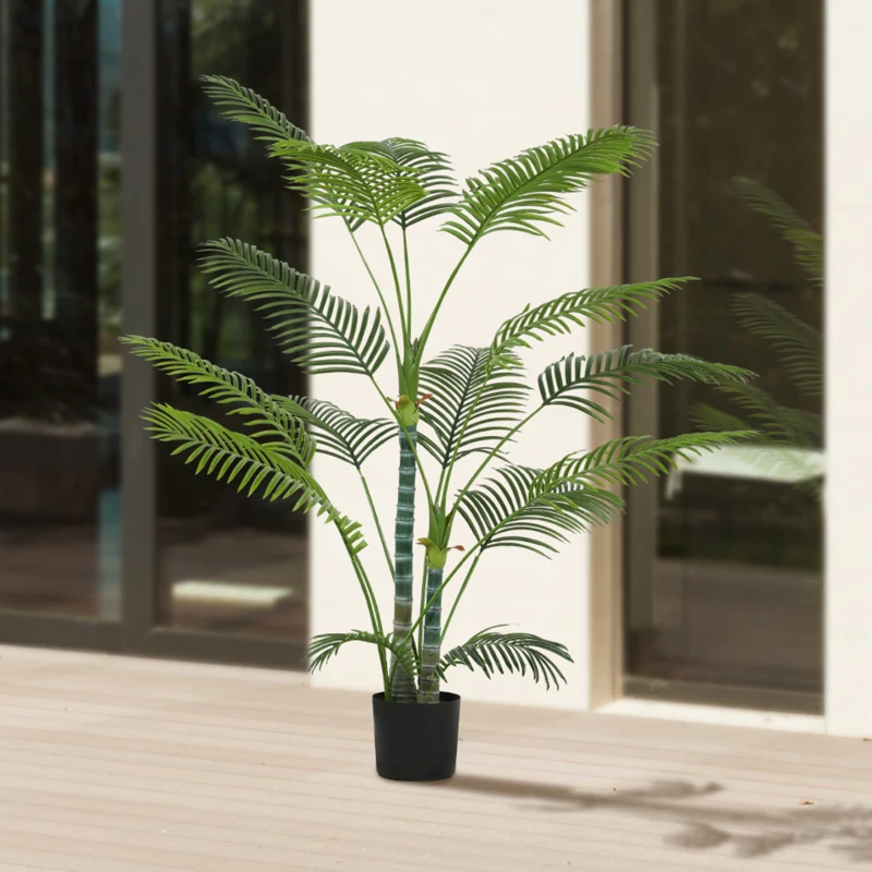 HOMCOM Palmeira Artificial com 16 folhas de plástico, planta artificial resistente a UV com vaso de plástico, para interior e exterior, verde