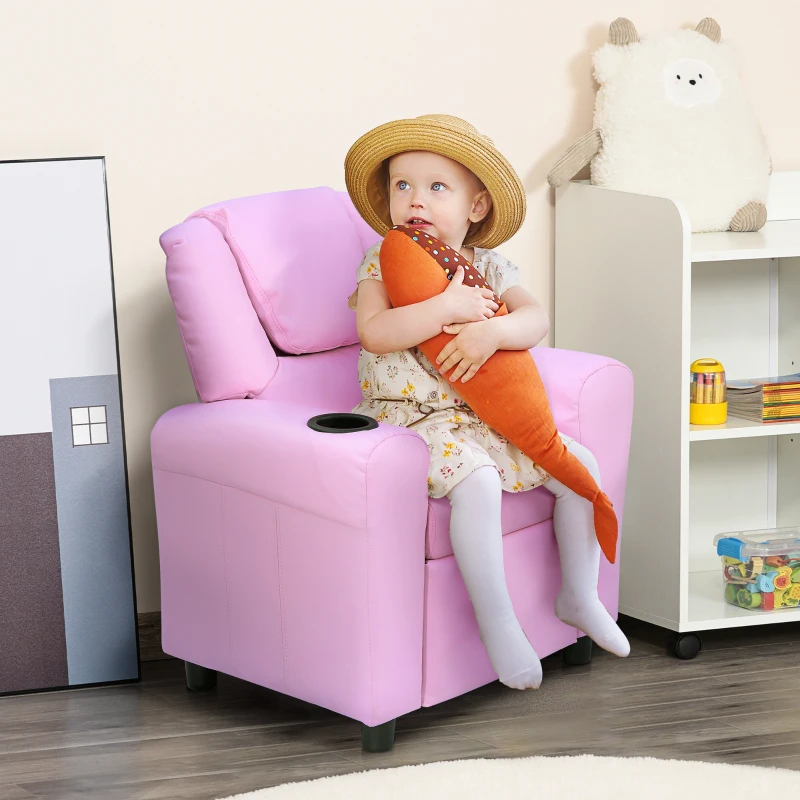 HOMCOM Sofá infantil Poltrona com apoio para pés, apoios de braço e porta-copos, encosto reclinável, sofá-cama relax para crianças 3-6 anos Rosa