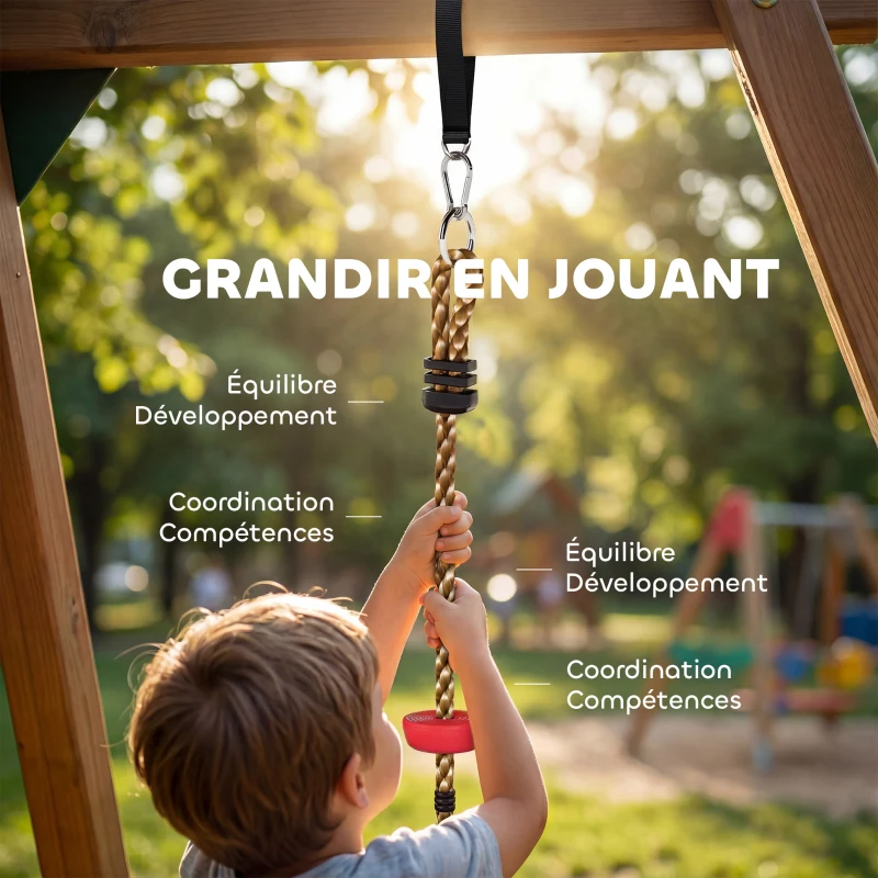 AIYAPLAY Corde d'escalade Balancoire 1,9 m, Balançoire Disque pour Enfants avec Plateforme, Sangle et Mousqueton, Rouge