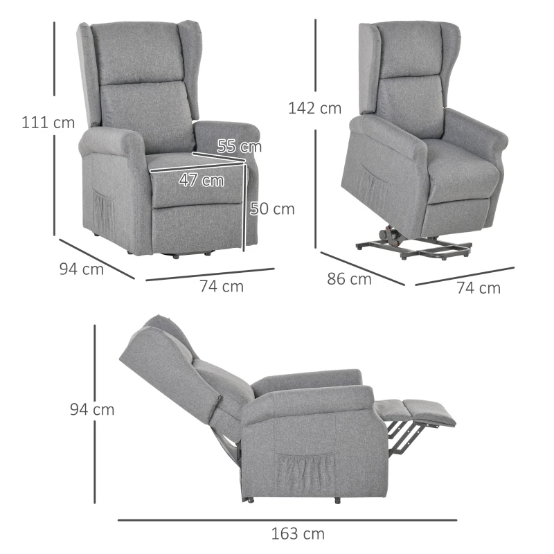 HOMCOM Poltrona relax, ajuda para levantar, função de deitar, até 200kg, 72,5x94x109cm, Cinza