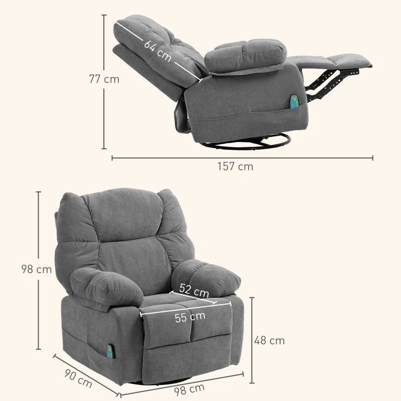 HOMCOM Poltrona Relax com função de massagem, função reclinável, poltrona de massagem giratória, 4 bolsos laterais e controle remoto, Cinza escuro