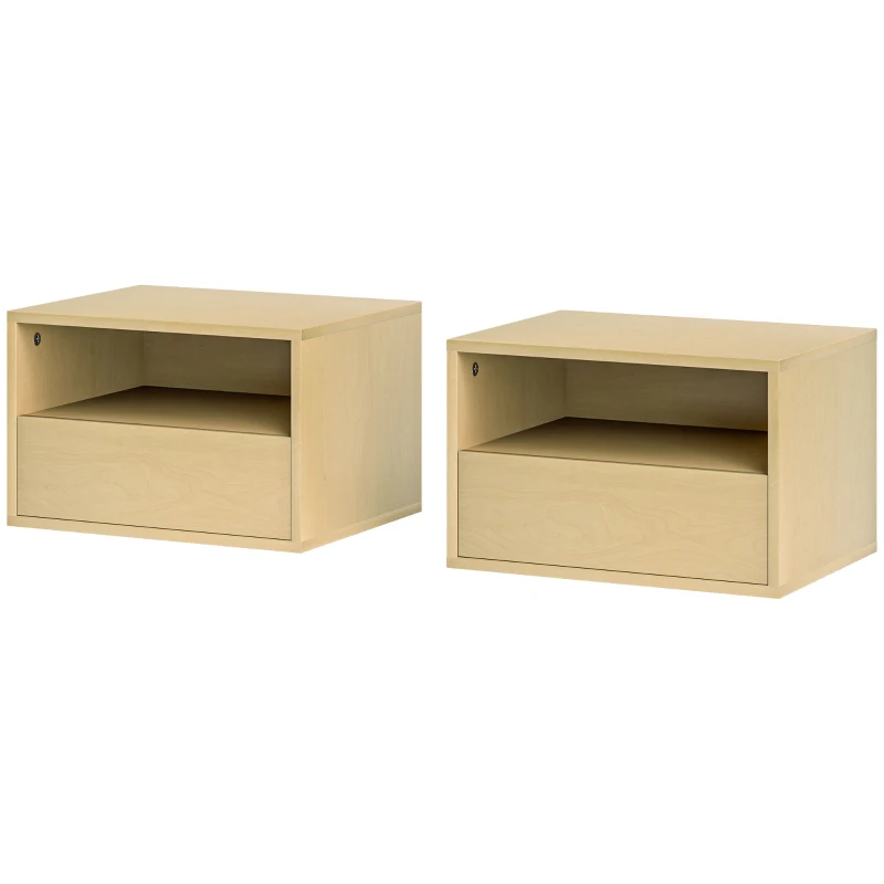 HOMCOM Conjunto de 2 Mesas de Cabeceira de Parede, Mesa de Cabeceira, Criado-mudo, Aglomerado, Natural, 45 x 35 x 27,5 cm