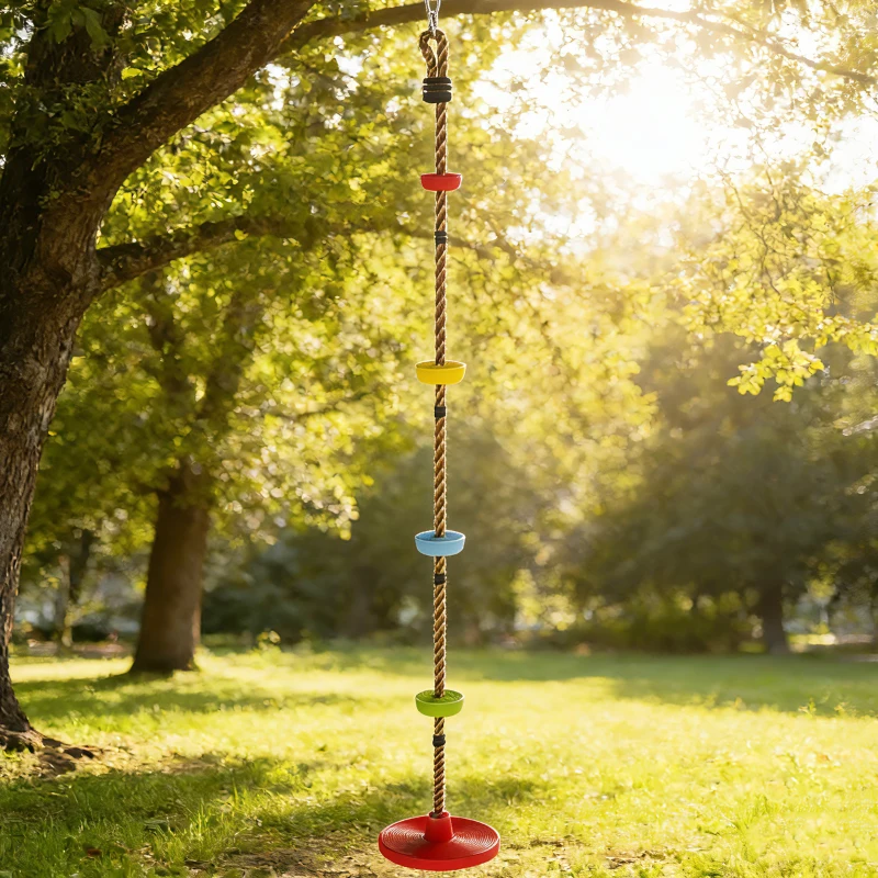 AIYAPLAY Corde d'escalade Balancoire 1,9 m, Balançoire Disque pour Enfants avec Plateforme, Sangle et Mousqueton, Rouge