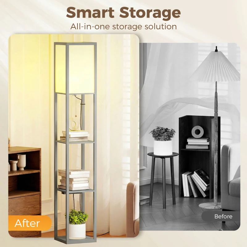 HOMCOM Floor Lamp with Shelves, 3 Layer Column Modern Standing Lamp for Living Room, Bedroom, Office, Grey