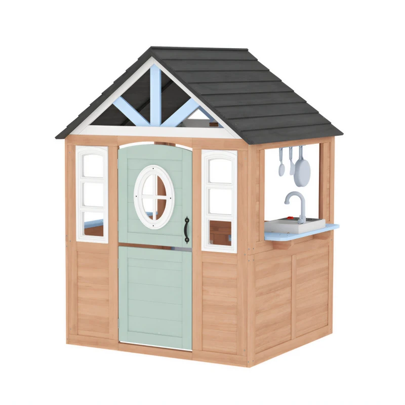 AIYAPLAY Wooden Playhouse for Kids, Wendy House with Pet Door, Play Kitchen, Half Door and Windows for Indoor Outdoor, Ages 2+