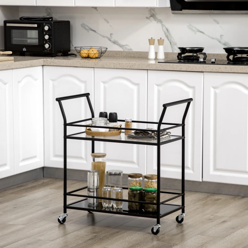 HOMCOM Carrinho de cozinha com 4 rodas, 2 prateleiras e pegas, 75 cm x 40 cm x 80 cm, preto