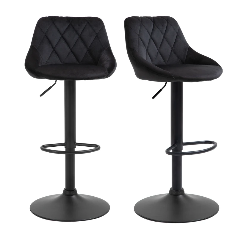 HOMCOM Conjunto 2 Banquetas de Bar Altura Ajustável Giratórias, Banquetas com Aparência aveludada, Assento com Encosto, Capitonnê em Diamante e Apoio para Pés para Bar, Balcão, Sala de Jantar, Aço Preto