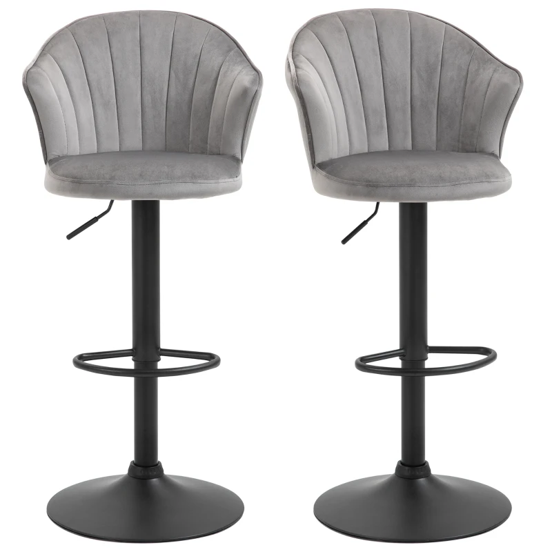 HOMCOM Conjunto de 2 banquetas de bar giratórias com encosto Toque em veludo Banqueta bistrô com altura ajustável Sem braços Espuma Cinza 54 x 56 x 91-111 cm