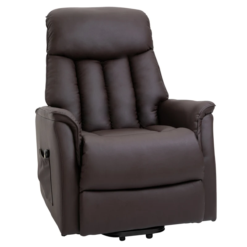 HOMCOM Poltrona Relax Elétrica com Auxílio de Elevação, Função de Cama, Poltrona de TV com Apoio para Pés, Bolso Lateral, Controle Remoto, para Sala de Estar, até 150 kg, Couro Sintético, Marrom