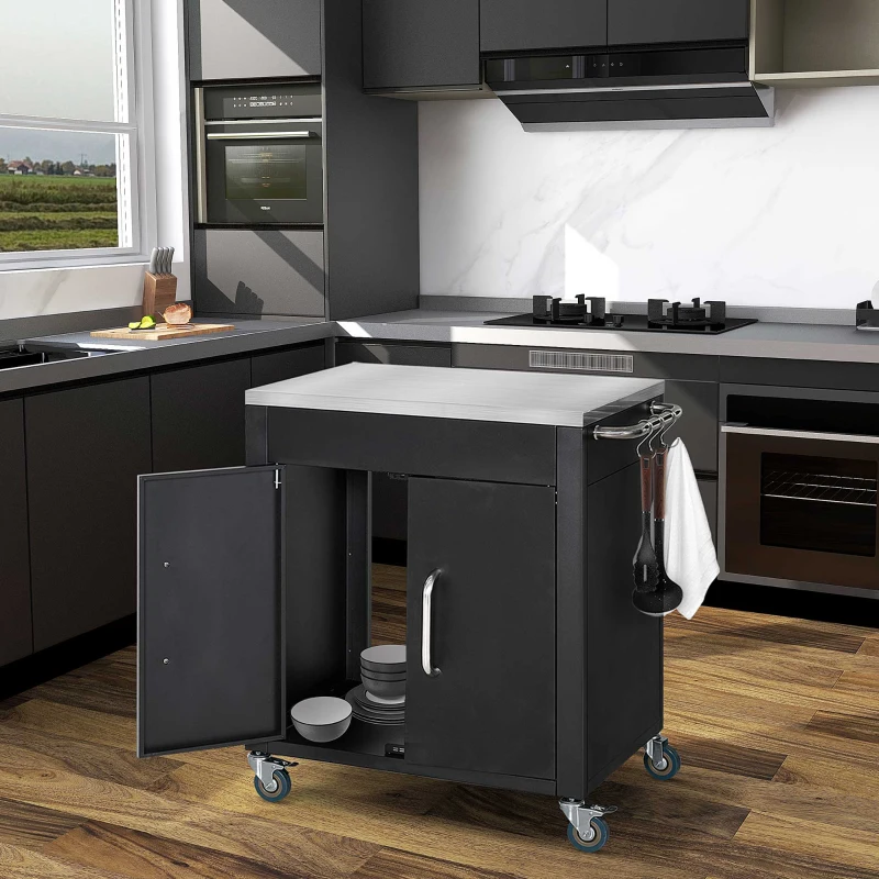 HOMCOM Carrinho de cozinha com rodas, carrinho de serviço com armário, ganchos e pegas em aço inox, auxiliar de cozinha, mesa de BBQ em aço inox, 86 x 50 x 86,5 cm Preto