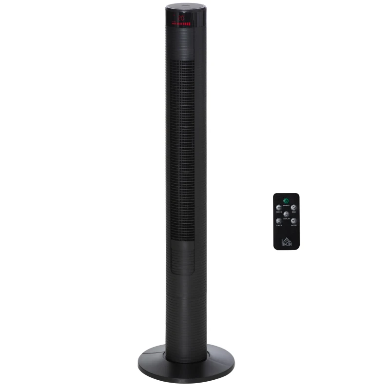 HOMCOM Ventilador de torre silencioso com controlo remoto 117 cm 70° oscilante, ventilador de pé com 4 modos, 3 velocidades, temporizador 12h, visor LED, Preto