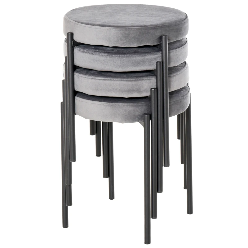 HOMCOM Banquetas para Sala de Jantar Conjunto de 4, Banquetas Empilháveis em Metal com Acabamento em Veludo, Banquetas Estofadas para Cozinha e Sala, Cinza