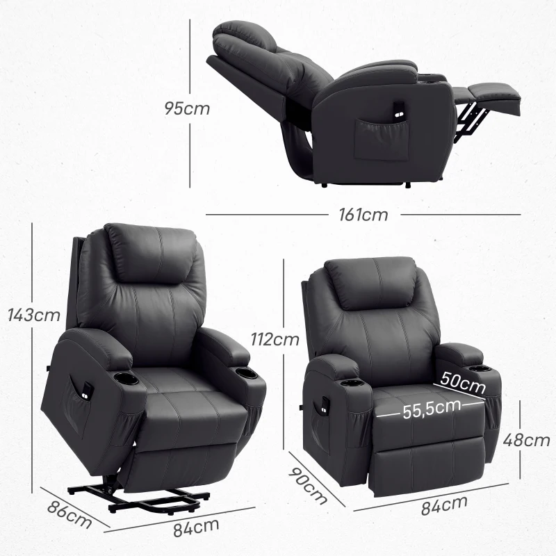 HOMCOM Poltrona de TV com ajuda elétrica para levantar, poltrona relax com função de deitar, controle remoto, porta-copos, bolso lateral, apoio para os pés, couro sintético, preto