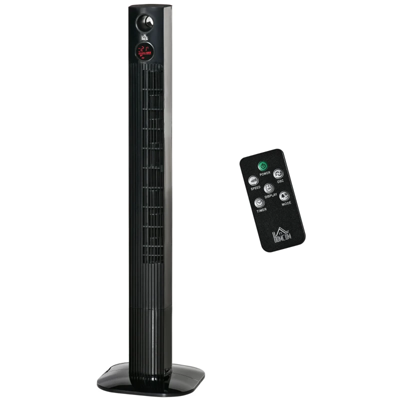 HOMCOM Ventilador de Torre com Controlo Remoto 45 W 70° Oscilação Ventilador de Coluna com Difusor de Aroma Função Temporizador 3 Níveis de Ventilação Preto