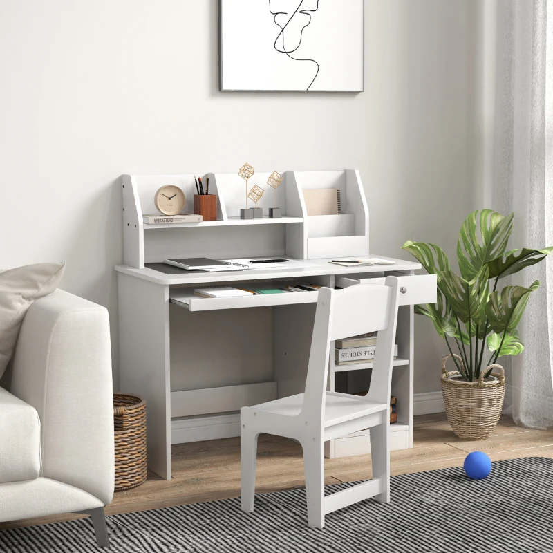 ZONEKIZ Bureau enfant avec chaise ergonomique avec clavier coulissant tiroir niches et étagères ouvertes 90 x 45 x 90 cm blanc