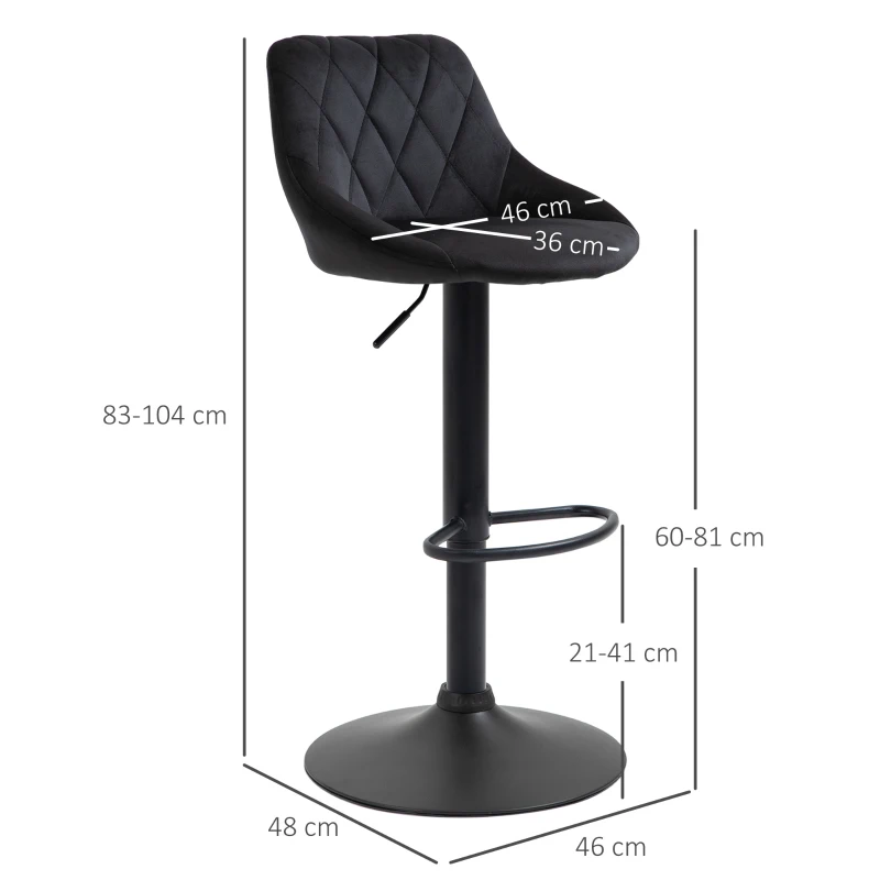 HOMCOM Conjunto 2 Banquetas de Bar Altura Ajustável Giratórias, Banquetas com Aparência aveludada, Assento com Encosto, Capitonnê em Diamante e Apoio para Pés para Bar, Balcão, Sala de Jantar, Aço Preto