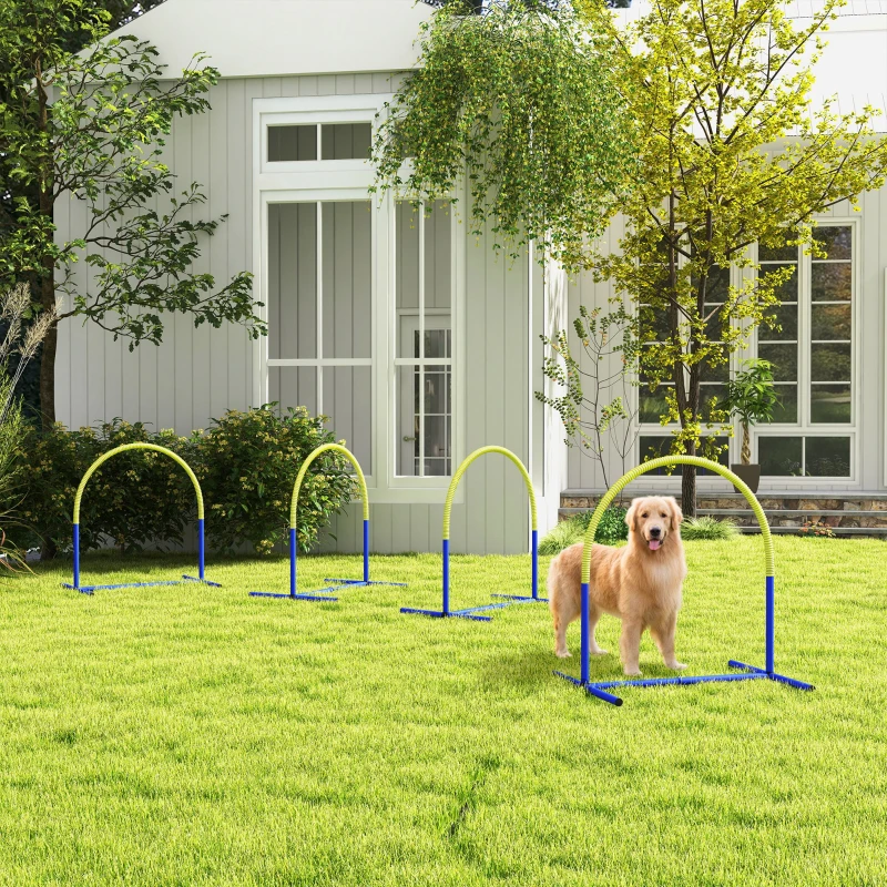PawHut Agility-Set für Hunde, Hundetraining, 4 Bögen, für Einsteiger, mit Tragetasche, blau+gelb, 88 x 64 x 95cm