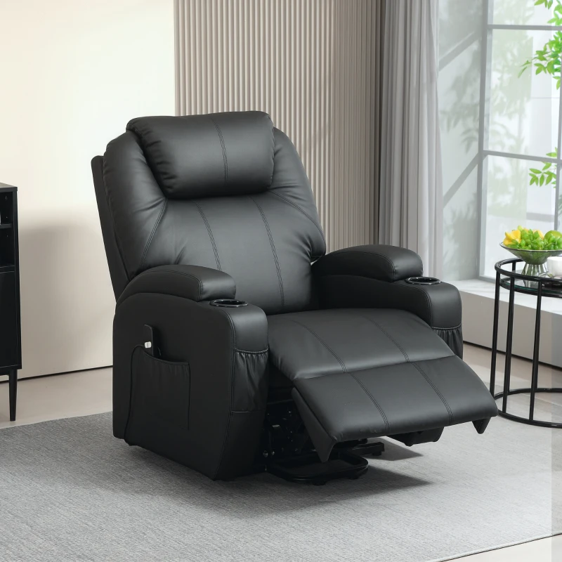 HOMCOM Poltrona de TV com ajuda elétrica para levantar, poltrona relax com função de deitar, controle remoto, porta-copos, bolso lateral, apoio para os pés, couro sintético, preto