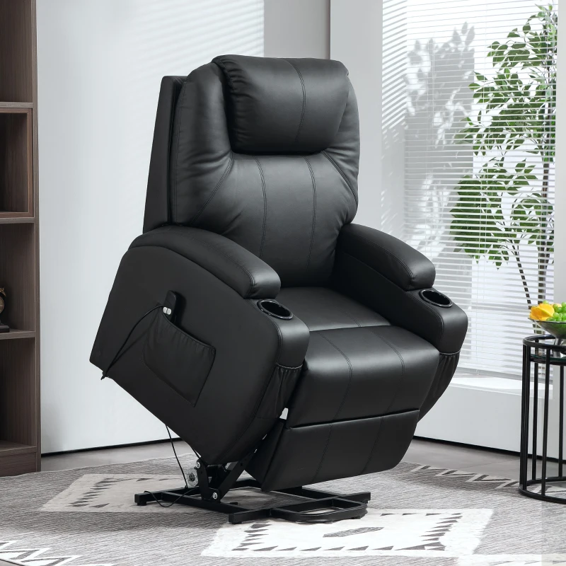 HOMCOM Poltrona de TV com ajuda elétrica para levantar, poltrona relax com função de deitar, controle remoto, porta-copos, bolso lateral, apoio para os pés, couro sintético, preto