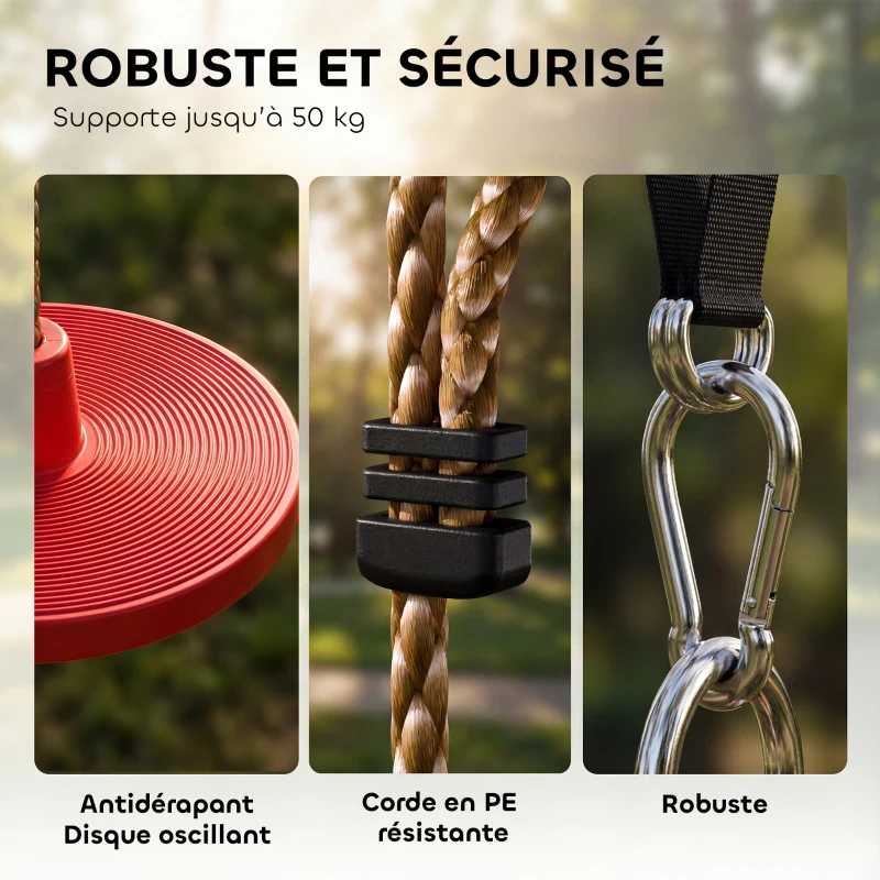 AIYAPLAY Corde d'escalade Balancoire 1,9 m, Balançoire Disque pour Enfants avec Plateforme, Sangle et Mousqueton, Rouge