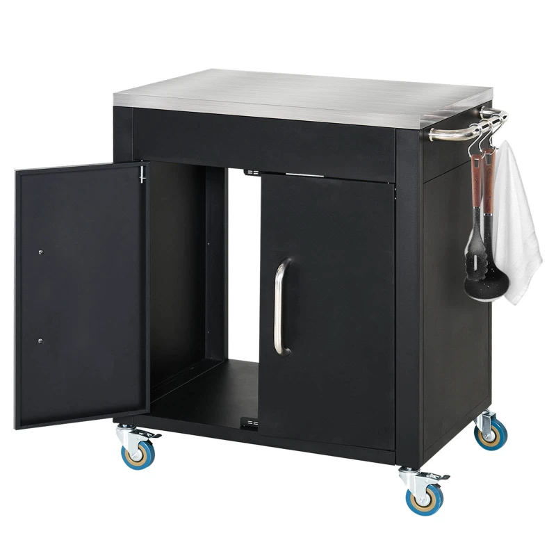 HOMCOM Carrinho de cozinha com rodas, carrinho de serviço com armário, ganchos e pegas em aço inox, auxiliar de cozinha, mesa de BBQ em aço inox, 86 x 50 x 86,5 cm Preto