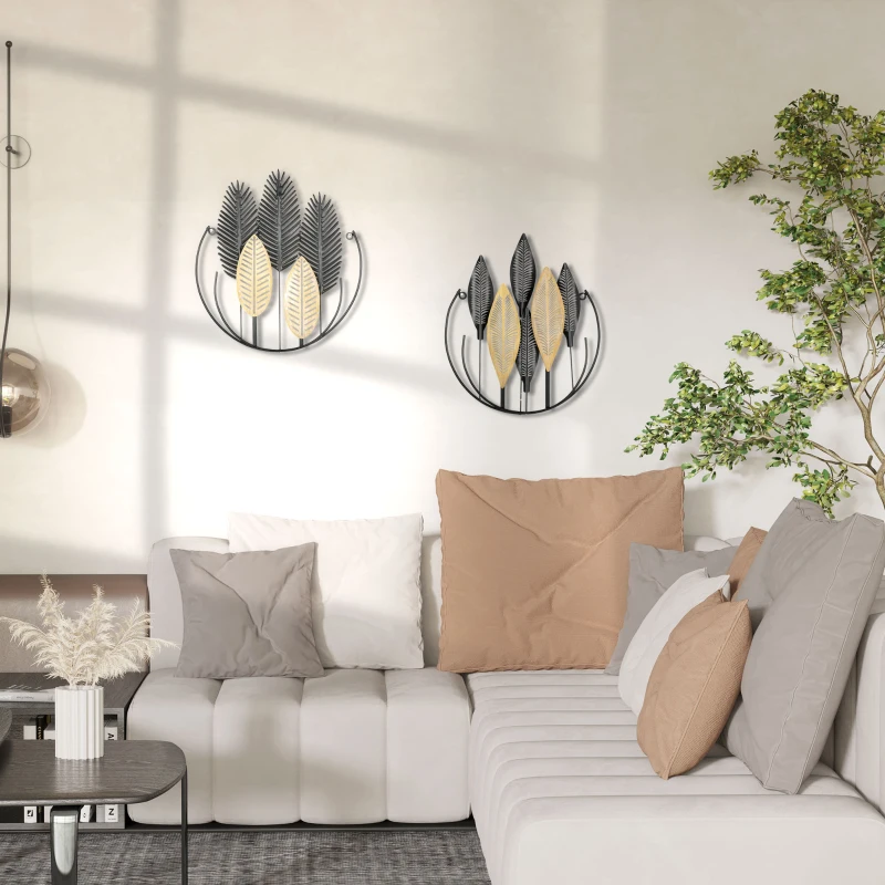 HOMCOM 3D -Quadros de Parede Conjunto de 2 Decoração de Parede Moderna Metal Natural + Preto