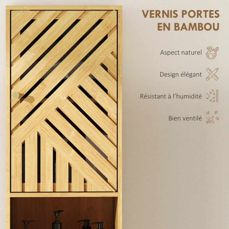 HOMCOM Armoire salle de bain, meuble de rangement colonne, portes en bambou, étagères réglables, 32x30x170cm, bois naturel