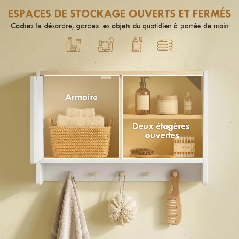 HOMCOM Armoire murale de salle de bain, meuble de rangement de salle de bains avec porte, étagères ouvertes et 5 crochets