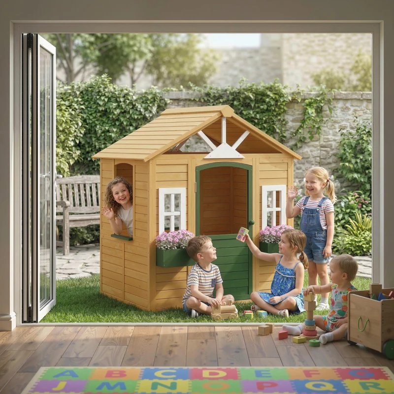 AIYAPLAY Cabane enfant extérieur en bois, maison enfant extérieure avec porte, fenêtres, 2 bacs à fleurs, 134,5x97x150cm, marron