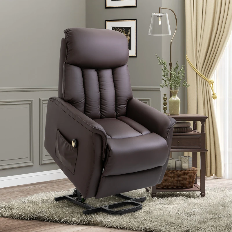 HOMCOM Poltrona Relax Elétrica com Auxílio de Elevação, Função de Cama, Poltrona de TV com Apoio para Pés, Bolso Lateral, Controle Remoto, para Sala de Estar, até 150 kg, Couro Sintético, Marrom