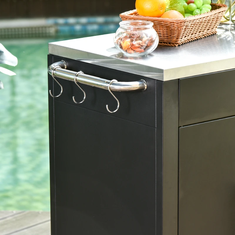 HOMCOM Carrinho de cozinha com rodas, carrinho de serviço com armário, ganchos e pegas em aço inox, auxiliar de cozinha, mesa de BBQ em aço inox, 86 x 50 x 86,5 cm Preto