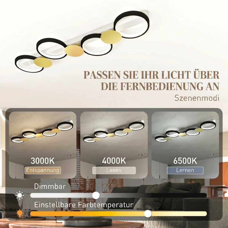 HOMCOM Plafondlamp LED 38W 1500LM 3000K-6500K plafondlamp woonkamerlamp met 4 lampen afstandsbediening Zwart+Goud