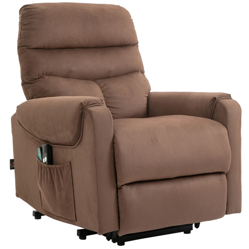 HOMCOM Poltrona de TV Elevatória Elétrica, Poltrona de Massagem com Função de Reclinar e Aquecimento, Poltrona Relax Ajustável com Controle Remoto e Bolso Lateral Tecido de Poliéster Marrom