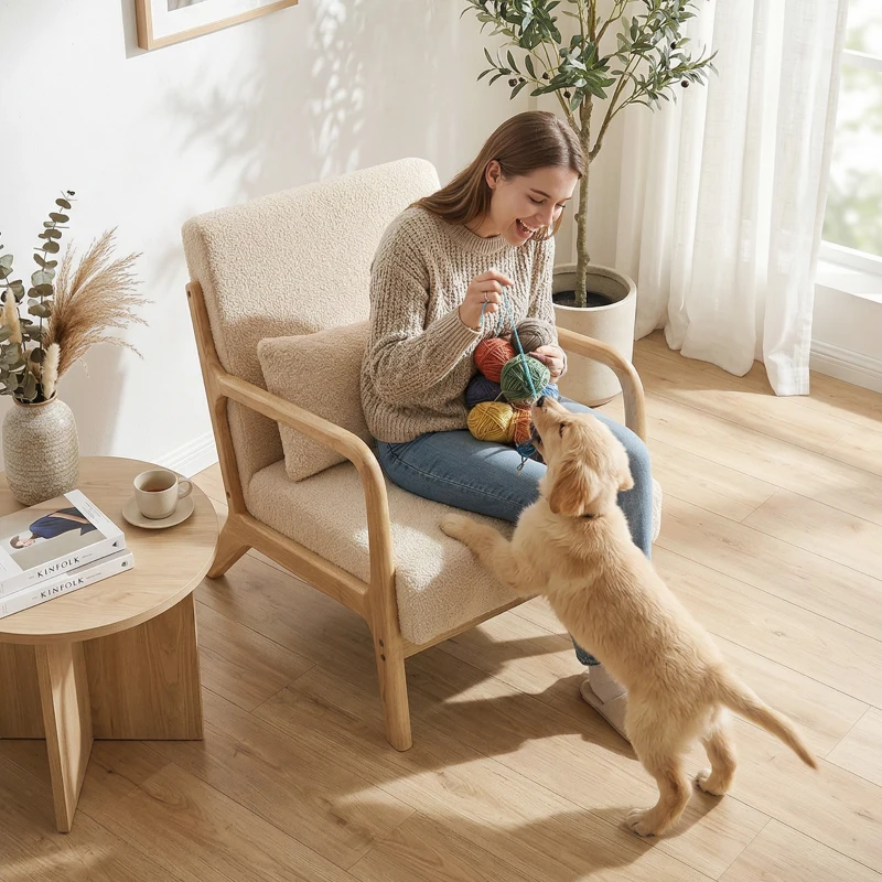HOMCOM Fauteuil lounge - 3 coussins inclus - assise profonde - accoudoirs - structure bois hévéa - aspect velours beige