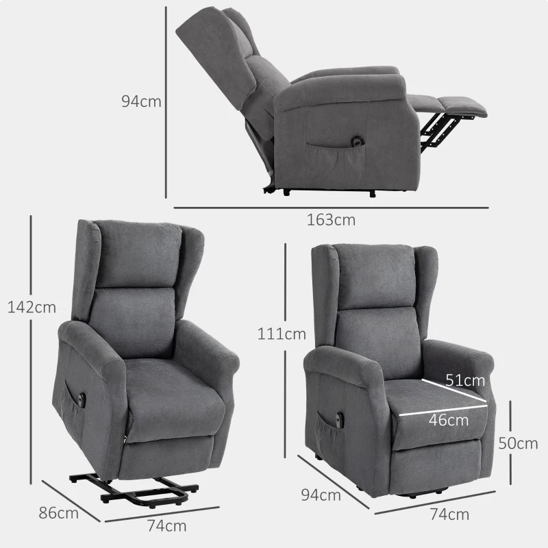 HOMCOM Poltrona relax, Assistência para levantar, Função de deitar, até 200kg, 72,5x94x109cm, Cinzento escuro