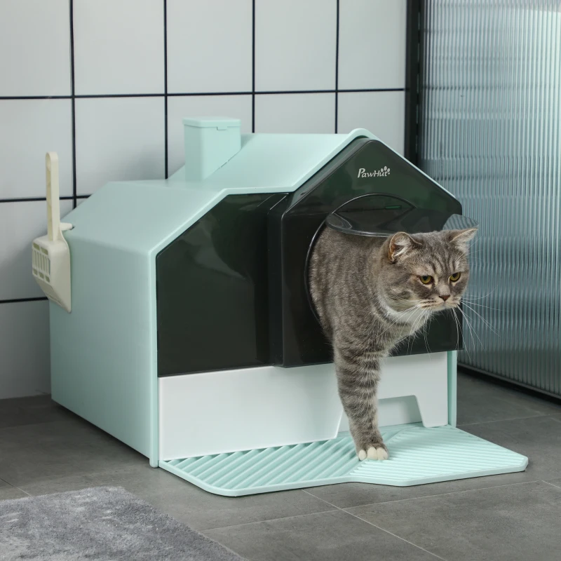 PawHut Kattenbak, Hutontwerp, 1 zeefmat, 1 schepje, uitneembare bodembak, Groen + Wit