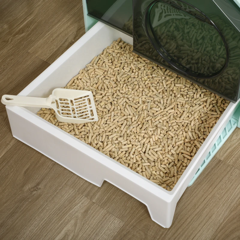 PawHut Kattenbak, Hutontwerp, 1 zeefmat, 1 schepje, uitneembare bodembak, Groen + Wit