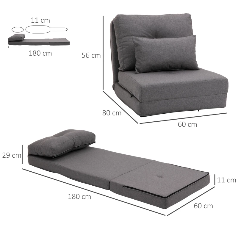 HOMCOM Poltrona de chão Colchão dobrável Esteira para dormir, design 2 em 1, almofada removível, 60 x 80 x 56 cm, Cinza escuro