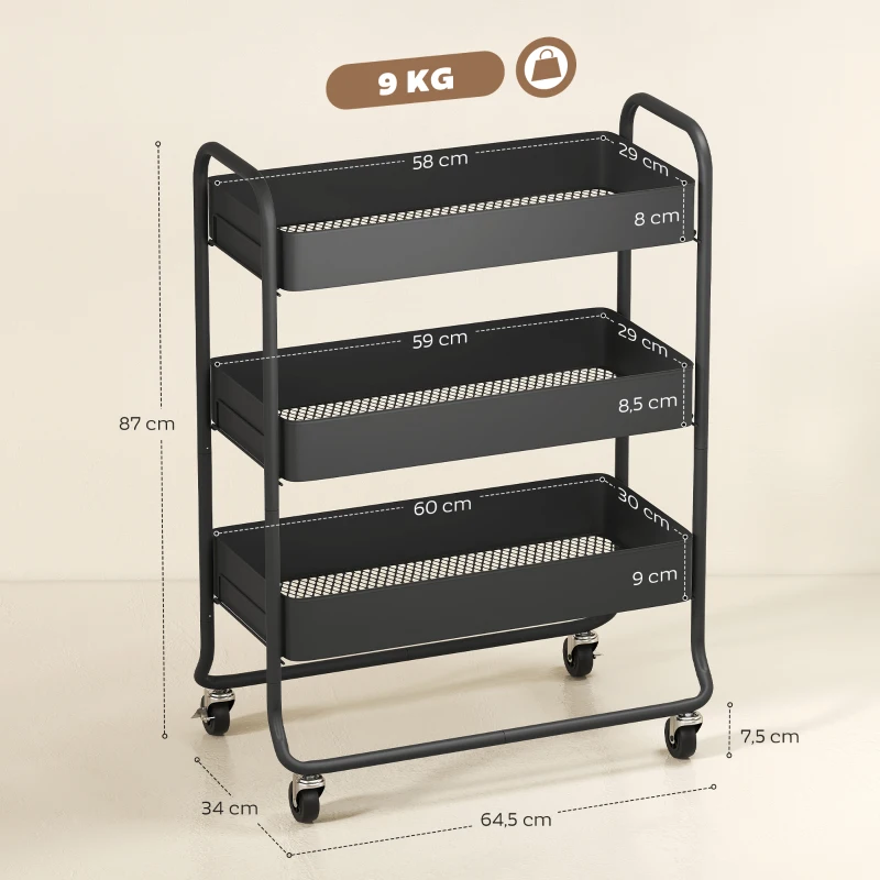HOMCOM Carrinho de Cozinha, 3 Cestos, 4 Rodas, Metal, Preto