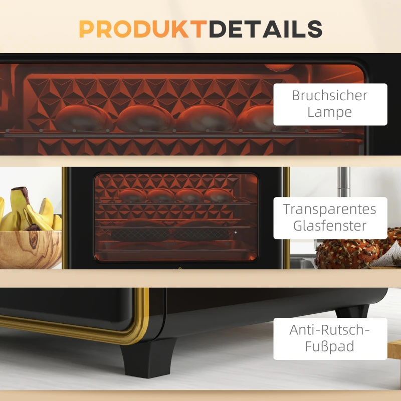 HOMCOM Miniforno, 20 L, fritura sem óleo, grelhar, assar, circulação de ar, 90-230° C, temporizador, 1400 W, preto+ouro